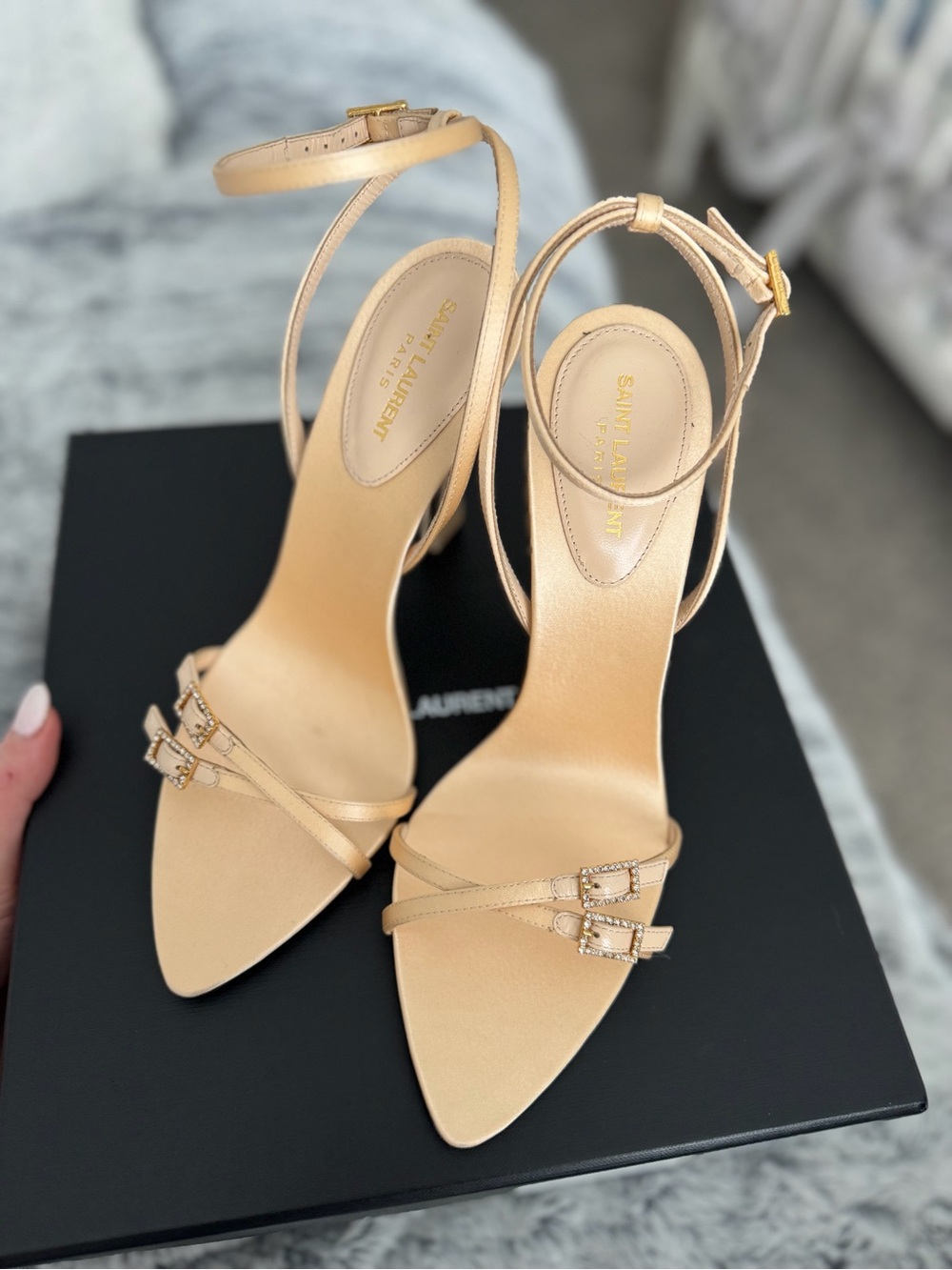 Saint Laurent Beige Crystal-Buckle Ankle-Strap Heels
